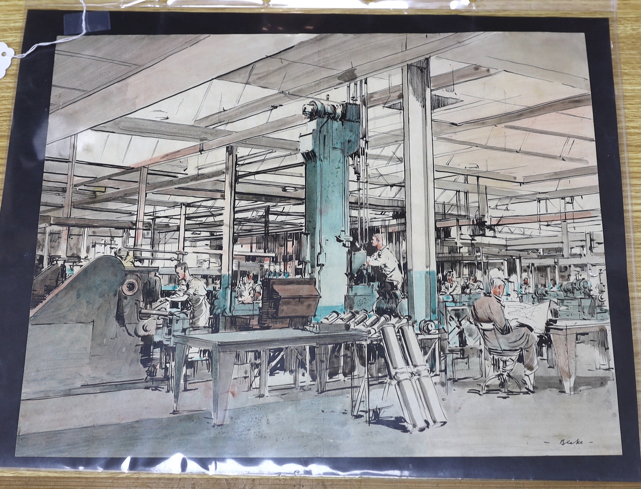 Frederick Donald Blake (War artist, Scottish, 1908-1997), ink and watercolour on paper, Factory scene, possibly for munitions, signed, 32 x 40cm, unframed